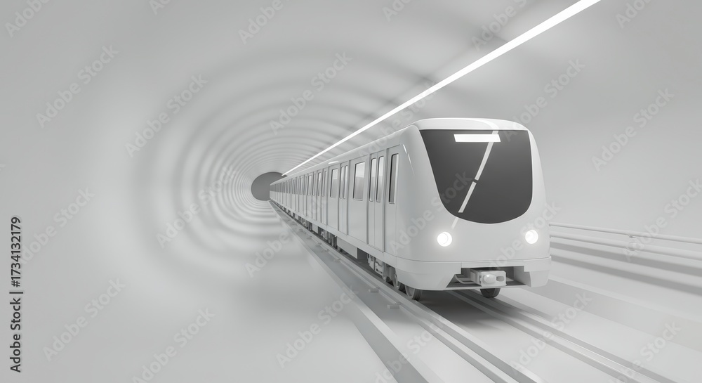 Fototapeta premium Modern train travels through a tunnel with bright lights creating a sense of speed and motion