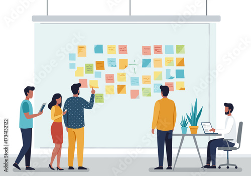 Team collaboration session with sticky notes in modern office environment creative workspace engaged participants