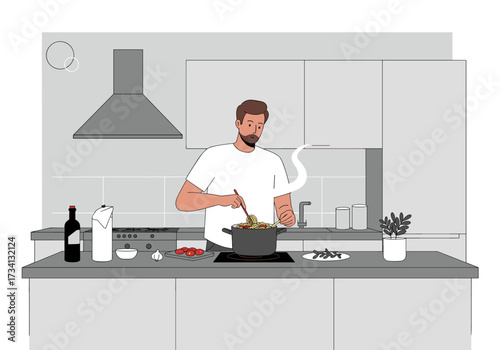 Cooking delicious pasta at home modern kitchen cozy environment overhead view culinary skills