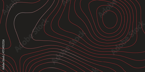 Abstract panoramic ultra wide topographic map red contour lines black background terrain path mapping modern cartography vector illustration decorative backgrounds
