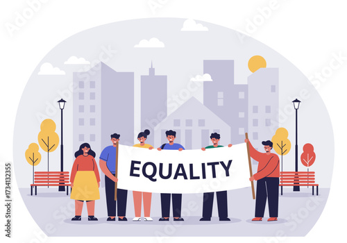Equality protest in urban setting demonstrators holding banner community awareness daytime social justice movement