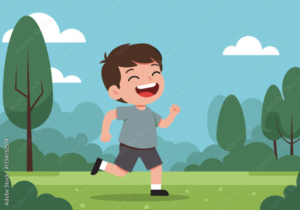 Fototapeta premium Happy child running in a sunny park style bright landscape playful atmosphere