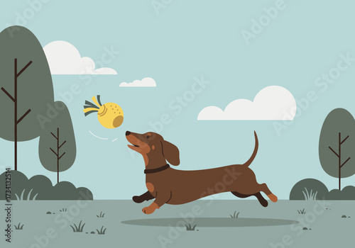 Exciting dog playing with toy ball outdoor park animated greenery side view playfulness