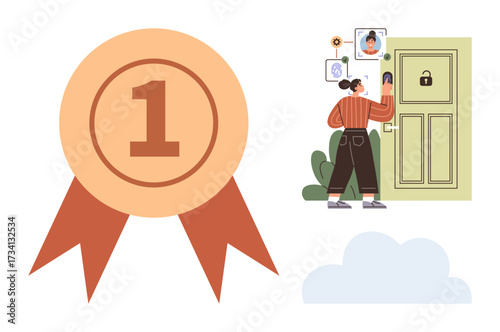 Woman using digital smart lock on door with visitor photo display, alongside a first-place badge. Ideal for security, innovation, technology, access control, achievement, competition, trust as