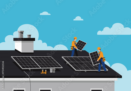 Installing solar panels on rooftops urban setting infographic style bright environment aerial view renewable energy concept