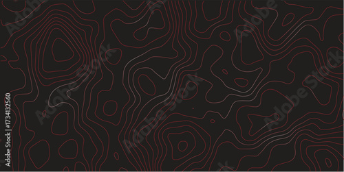 Abstract panoramic ultra wide topographic map red contour lines black background terrain path mapping modern cartography vector illustration decorative backgrounds

