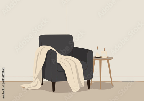 Cozy living room setup featuring stylish armchair minimalist home digital relaxed atmosphere front view comfort design