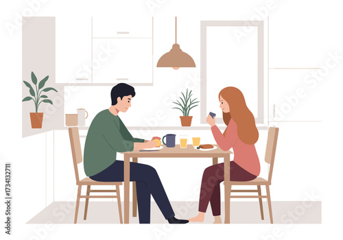 Breakfast together home kitchen digital cozy setting casual angle relationship connection