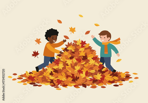 Children playfully tossing colorful autumn leaves in a park joyful outdoor activity vibrant and fun environment