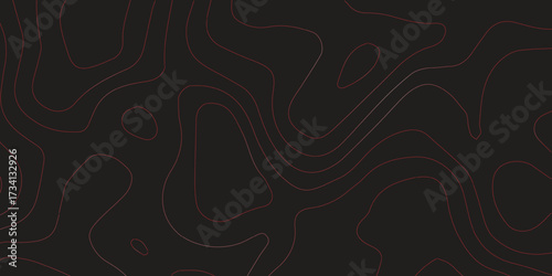 Ultra wide panoramic topographic map artwork red contour line illustration black background terrain path mapping abstract cartography vector artwork
