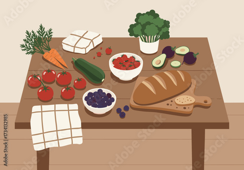 Fresh ingredients and bread on table kitchen setting food arrangement warm environment top-down view culinary concept