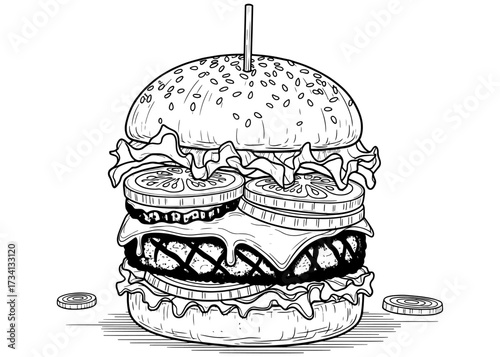 Gourmet grilled cheeseburger with a skewer. Detailed hand-drawn monochrome vector art of a classic American burger for a restaurant menu or food advertisement.

