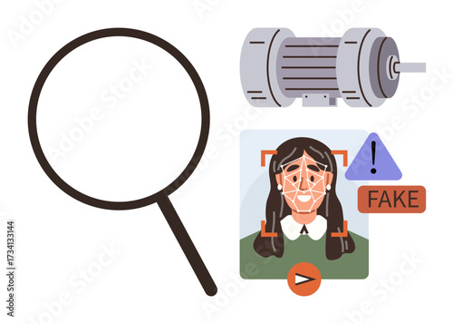 Magnifying glass, deepfake detector, facial recognition, fake content warning. Ideal for cybersecurity, AI ethics, online safety, identity verification, media authenticity data protection simple