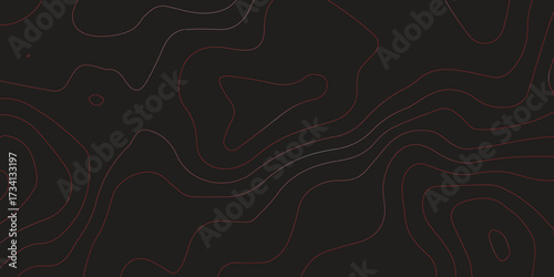 Ultra wide panoramic topographic map artwork red contour line illustration black background terrain path mapping abstract cartography vector artwork
