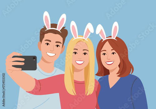 Easter celebration selfie by friends at home digital cheerful environment casual viewpoint