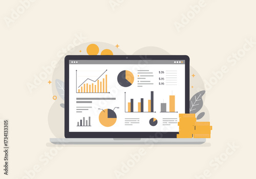 Data analysis dashboard showing business metrics modern office infographic display informative elevated viewpoint