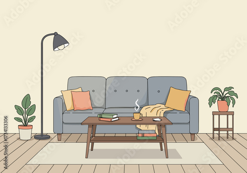 Cozy living room setup with sofa and plants modern home indoor environment front view relaxation concept