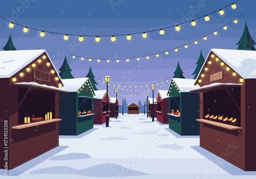 Winter holiday market stalls snowy village digital festive night panoramic view seasonal celebration