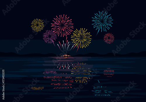 Spectacular fireworks display over water nighttime festival celebration beautiful reflections colorful atmosphere