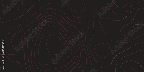 Panoramic ultra wide abstract topographic map artwork red contour lines black background terrain path mapping modern cartography vector illustration
