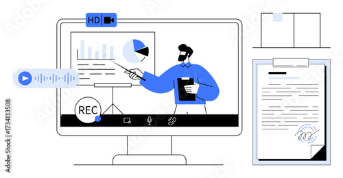Man presenting charts via video call, virtual recording, audio playback, and document signing. Ideal for remote work, online learning, conferencing, data presentation, digital workflow e-signature