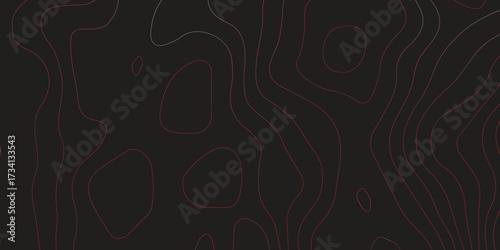 Panoramic ultra wide abstract topographic map artwork red contour lines black background terrain path mapping modern cartography vector illustration
