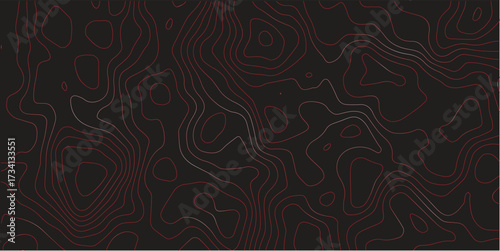 Panoramic ultra wide abstract topographic map artwork red contour lines black background terrain path mapping modern cartography vector illustration
