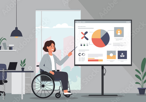 Presentation on data analysis by a wheelchair user in a modern office environment