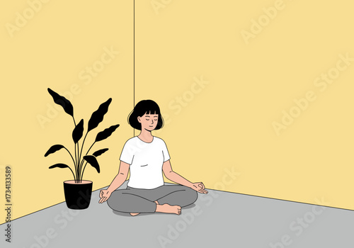 Meditation practice in minimalist room with plant calm environment digital for relaxation and mindfulness