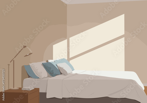 Relaxing bedroom scene with soft natural light cozy minimalistic design peaceful atmosphere