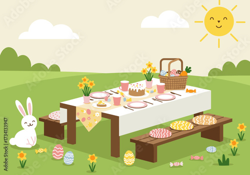 Easter picnic celebration sunny meadow digital springtime playful atmosphere