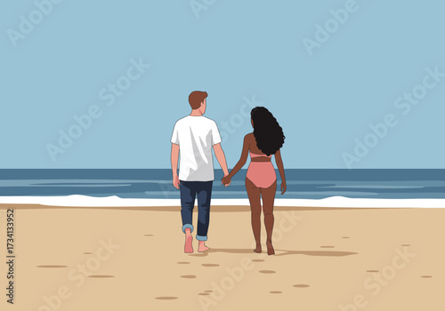 Couple walking hand in hand on serene beach ocean view digital relaxing atmosphere romantic concept