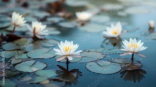White lotus flowers floating on calm pond, serene natural background