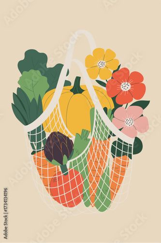 Fresh Produce and Flowers in a Minimalist Grocery Bag