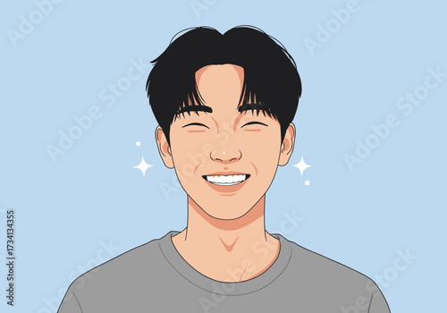 Joyful smiling person setting digital bright background happiness concept