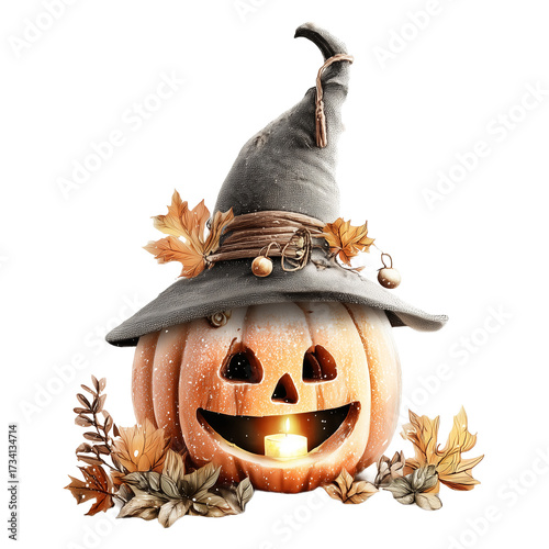halloween pumpkin wearing witch hat with candle clip art preview