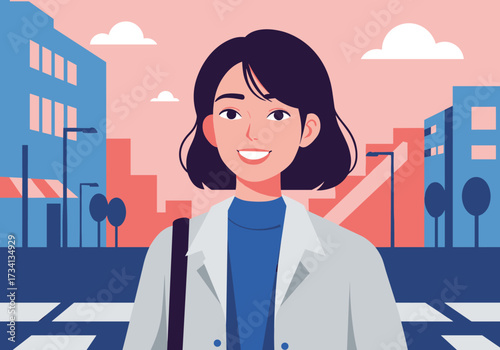 Smiling young woman in urban setting cityscape daytime cheerful concept