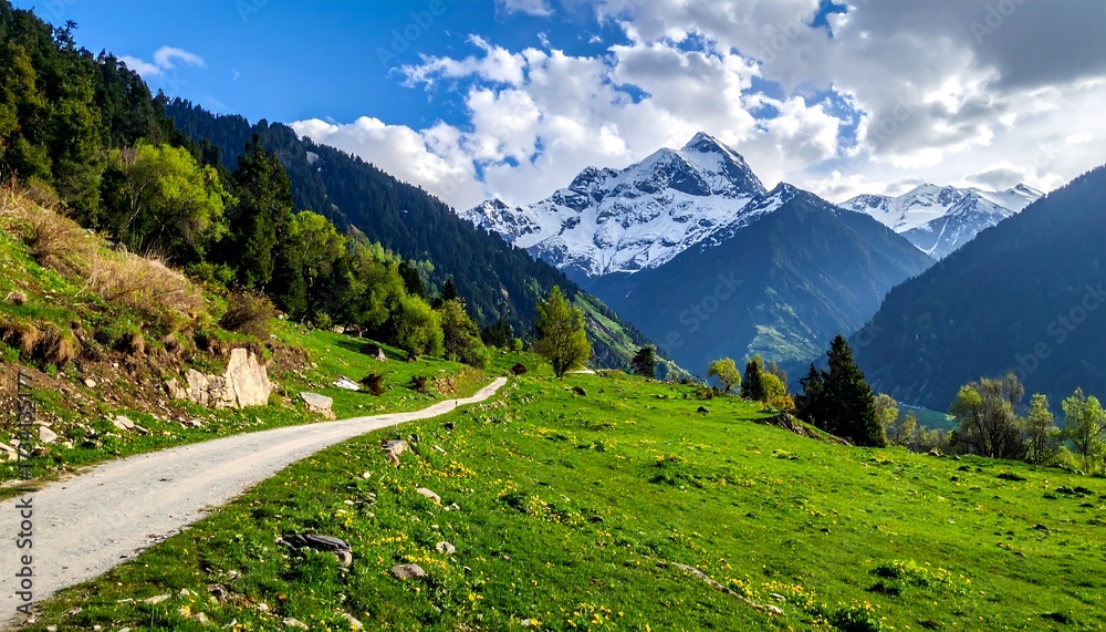 Fototapeta premium Mountain valley road with wildflowers
