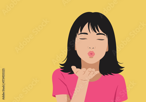 Playful young woman blowing kisses vibrant yellow background digital cheerful environment view emotive concept