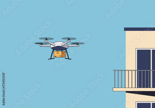 Drone delivery action near apartment urban environment aerial view futuristic concept