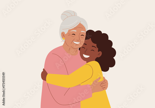 Heartwarming embrace between grandmother and granddaughter digital warm colors family bonding