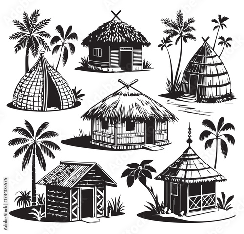 Collection of diverse traditional hut silhouettes with tropical palm trees vector