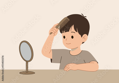 Child grooming hair in front of mirror indoor setting neutral background playful concept