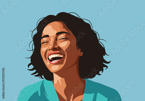 Joyful woman laughing against blue background portrait lifestyle happiness