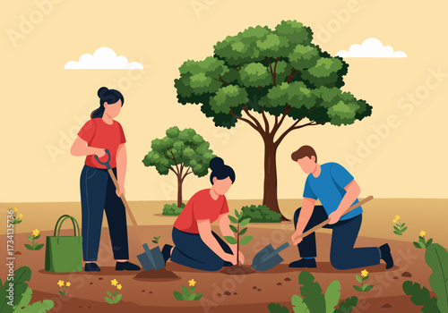 Dedicated group of individuals planting young trees, symbolizing a collaborative effort towards environmental conservation and a sustainable, greener future