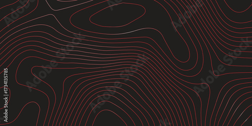 Ultra wide panoramic topographic map artwork red contour lines black background abstract terrain path mapping cartography scheme vector illustration
