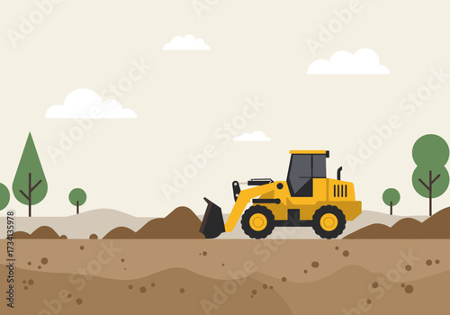 Construction action with a yellow loader vehicle outdoor site neutral environment side view machinery concept