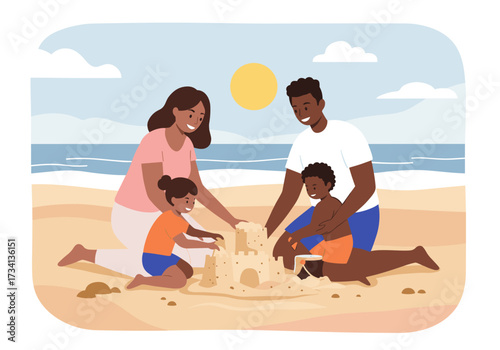 Family enjoys building sandcastles at the beach fun day out summer vibes sunny environment joyful family interaction