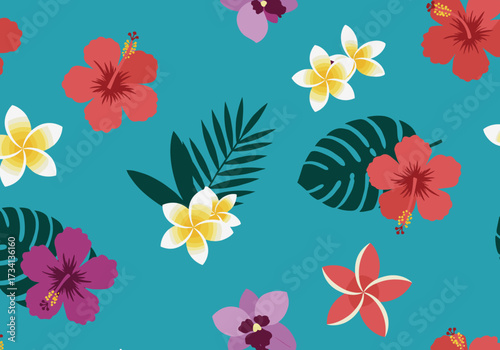Vibrant floral patterns on teal background digital decorative design colorful environment top view nature inspiration