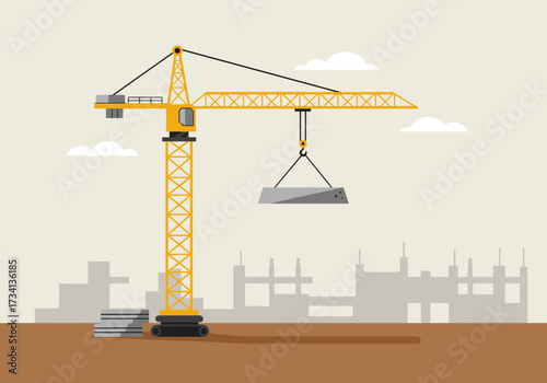 Construction crane lifting material at building site industrial environment graphic urban view